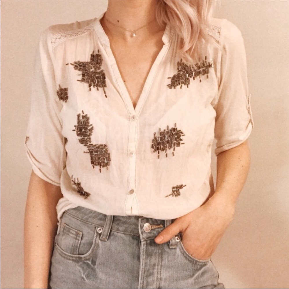 Anthropologie Tiny beaded Metallic Praries top M